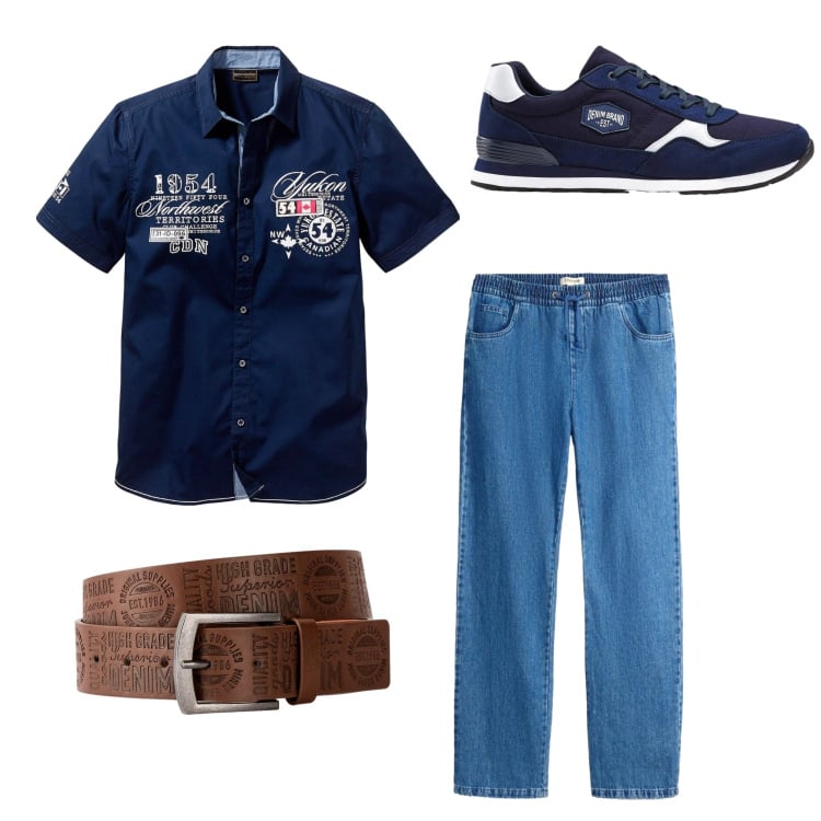 Outfit uomo - Blue. Stile Trendy Abbinamento con camicie a manica corta, sneakers, cinture, jeans dritti.