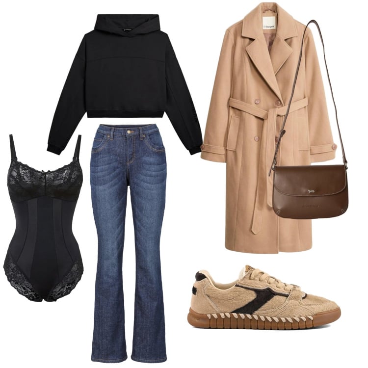 Outfit donna - Coffee & Danim. Stile Casual per Tutti i giorni. Abbinamento con borse a tracolla, felpe con cappuccio, body, sneakers, trench, jeans bootcut.