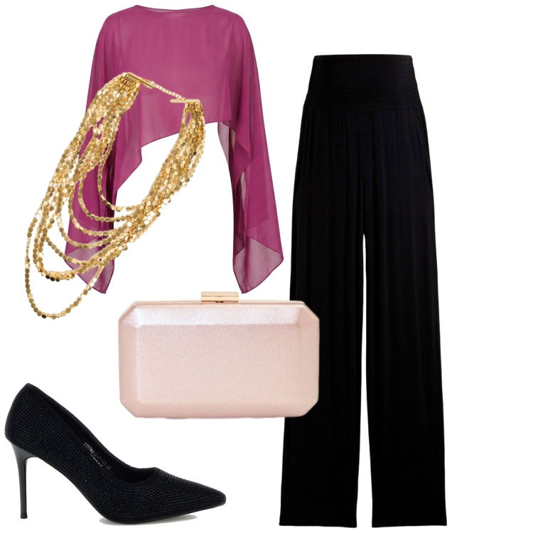 Outfit donna - Aperitivo glam - Focus Donna Cur. Stile Chic per Serata fuori. Abbinamento con clutch, top, collane, pantaloni, décolleté.