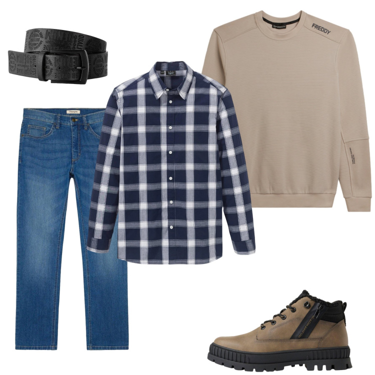 Outfit uomo - Total look #2496515. Stile Casual per Tutti i giorni. Abbinamento con felpe, cinture, camicie, jeans dritti, stivali e stivaletti.