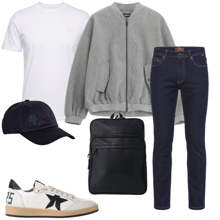 Outfit uomo - Total look #2496517. Stile Casual per Tutti i giorni. Abbinamento con jeans, t-shirt, cappelli con visiera, sneakers, borse sportive, bomber.