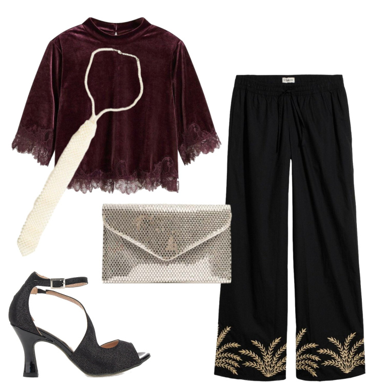 Outfit donna - Aperitivo glam - Focus Donna Curvy. Stile Glamour per Serata fuori. Abbinamento con collane, pochette, décolleté, bluse, pantaloni a palazzo.