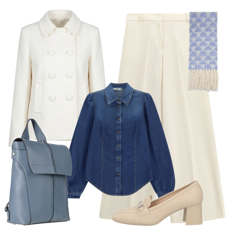 Outfit donna - Soft cream. Stile Sporty chic per Ufficio. Abbinamento con pantaloni a palazzo, camicie, blazer, sciarpe, mocassini, zaini.
