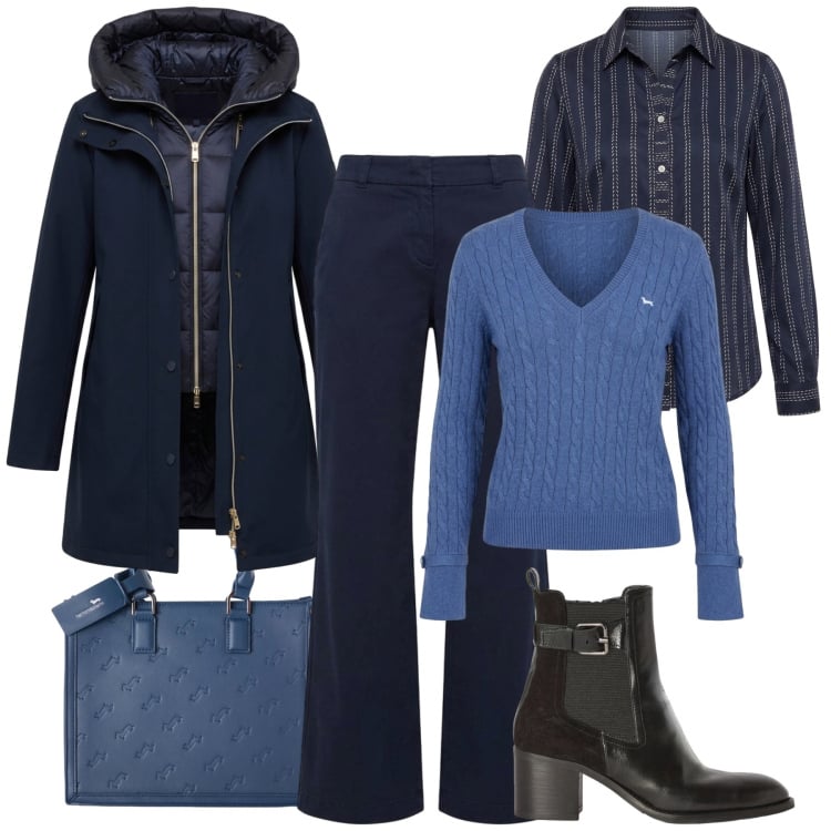 Outfit donna - Layering Harmont in blu. Stile Sporty chic per Tutti i giorni. Abbinamento con cappotti, pantaloni, maglieria, stivaletti, borse a mano, camicie.