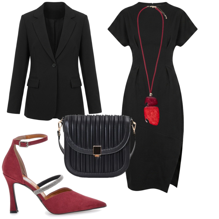Outfit donna - Pop of red - Focus Donna Curvy. Stile Bon Ton per Serata fuori. Abbinamento con ciondoli, borse a tracolla, vestiti midi/longuette, blazer, décolleté.
