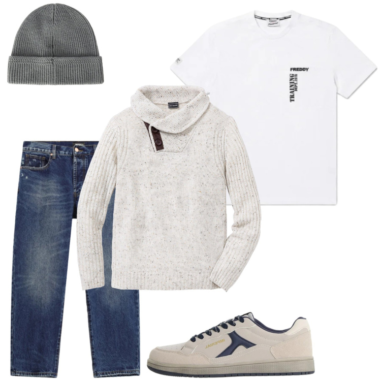 Outfit uomo - Total look #2496526. Stile Casual per Tutti i giorni. Abbinamento con berretti, sneakers, jeans dritti, t-shirt, maglieria.