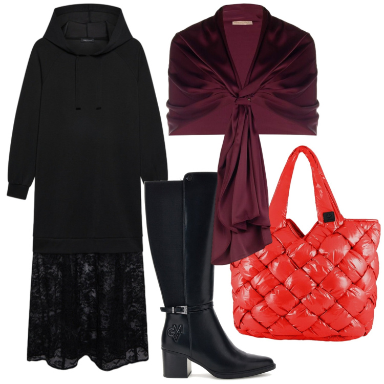 Outfit donna - Pop of red - Focus Donna Curvy. Stile Casual chic per Tutti i giorni. Abbinamento con vestiti lunghi, stole, borse tote, stivali sopra il ginocchio.