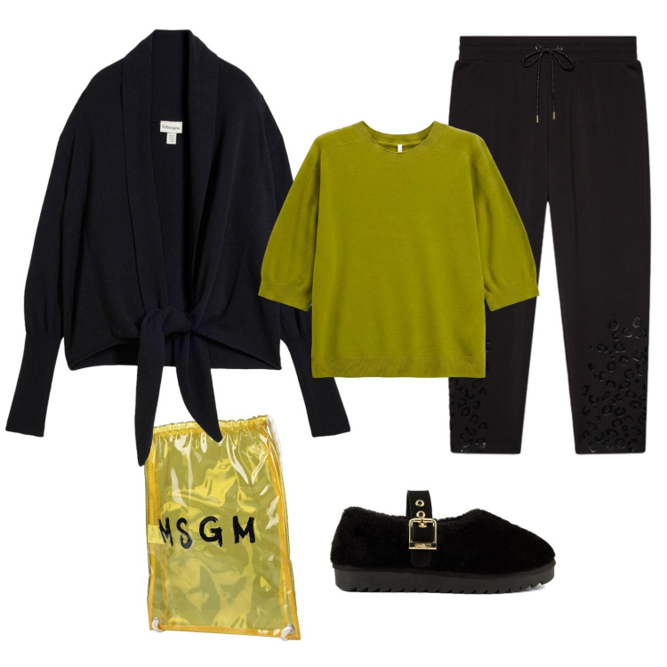 Outfit donna - Contrasto. Stile Casual chic per Tutti i giorni. Abbinamento con maglieria, pantaloni, zaini, ballerine, cardigans.