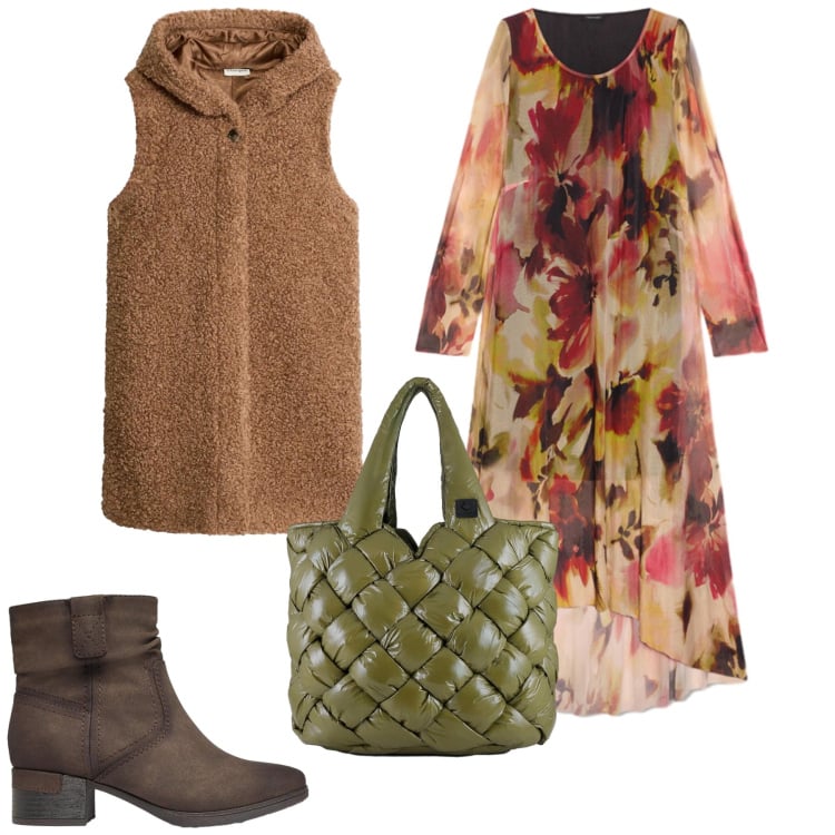 Outfit donna - Stile boho chic autunnale. Stile Boho per Tutti i giorni. Abbinamento con vestiti lunghi, borse tote, stivaletti, gilet.