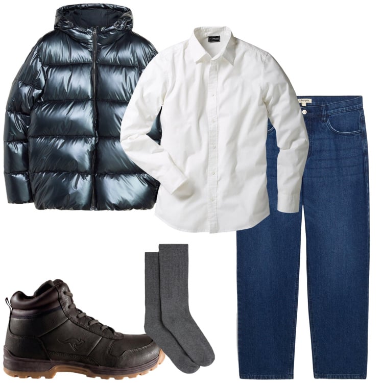 Outfit uomo - Total look #2496531. Stile Casual per Tutti i giorni. Abbinamento con calzini, camicie, jeans dritti, stivali e stivaletti, piumini.