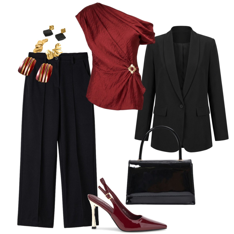 Outfit donna - Glam all’aperitivo. Stile Glamour per Serata fuori. Abbinamento con borse a mano, top, blazer, orecchini, pantaloni, décolleté.