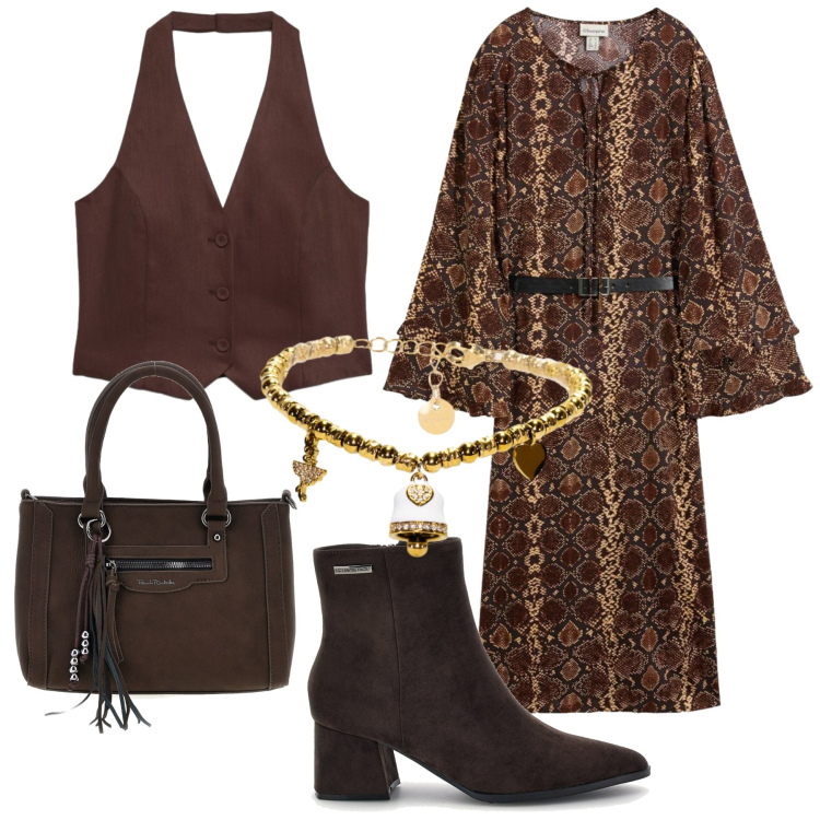 Outfit donna - Stile boho chic autunnale. Stile Boho per Serata fuori. Abbinamento con braccialetti, gilet, vestiti midi/longuette, stivaletti, borse a spalla.