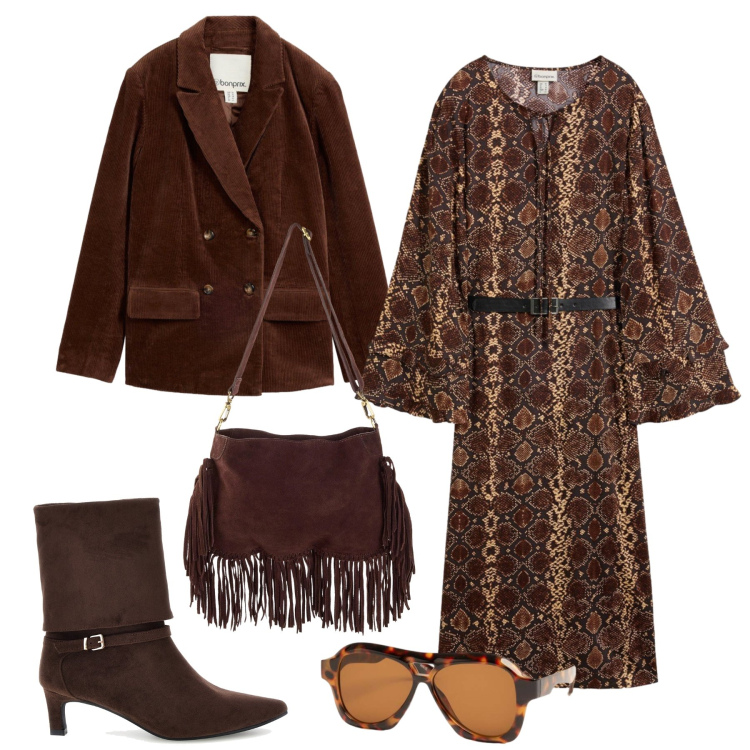 Outfit donna - Boho chic in autunno. Stile Boho per Tutti i giorni. Abbinamento con occhiali da sole, vestiti midi/longuette, borse a tracolla, blazer, stivaletti.