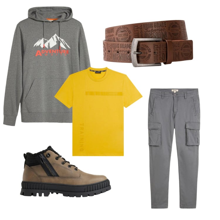 Outfit uomo - Semplice e comodo. Stile Casual Abbinamento con t-shirt, stivali e stivaletti, cinture, pantaloni cargo, felpe con cappuccio.