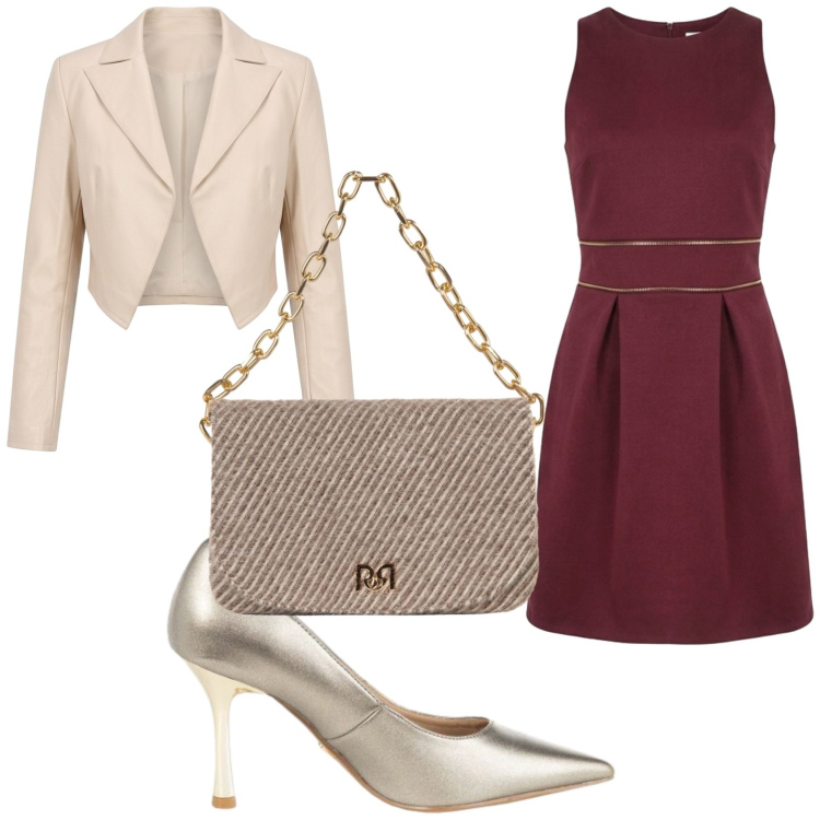 Outfit donna - Serata in bordeaux e oro Rinascimento. Stile Glamour per Serata fuori. Abbinamento con vestiti corti, décolleté, borse a spalla, blazer.