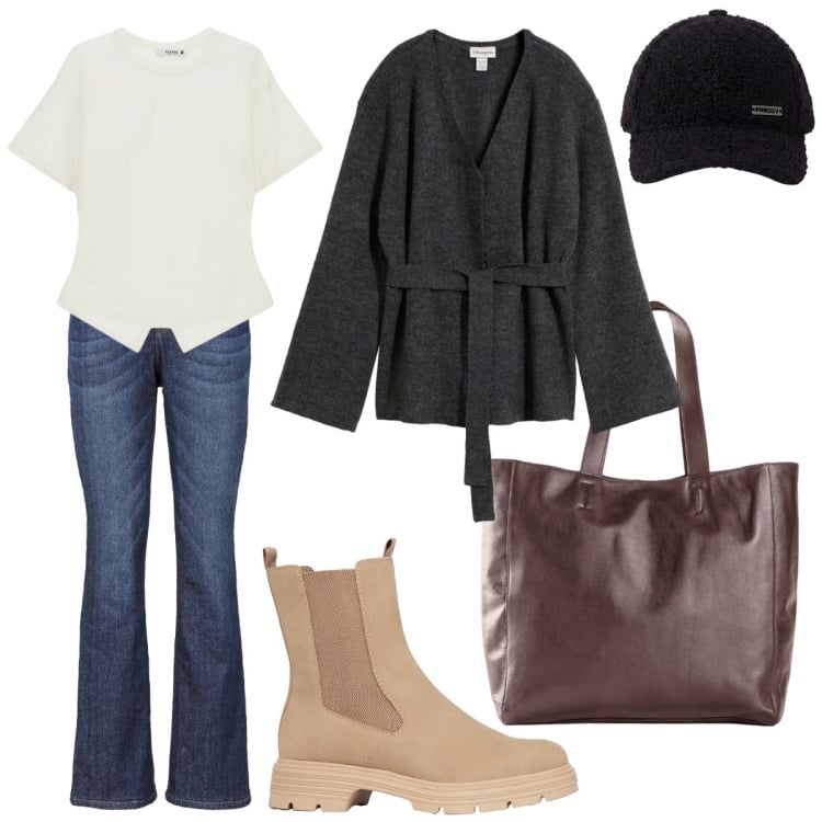Outfit donna - 20 ottobre. Stile Casual chic per Tutti i giorni. Abbinamento con t-shirt, cappelli con visiera, cardigans, jeans bootcut, shopping bag, stivaletti.