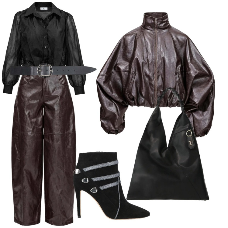 Outfit donna - Seratissima dedicata. Stile Trendy per Serata fuori. Abbinamento con cinture, camicie, pantaloni a palazzo, bomber, borse a spalla, stivaletti.