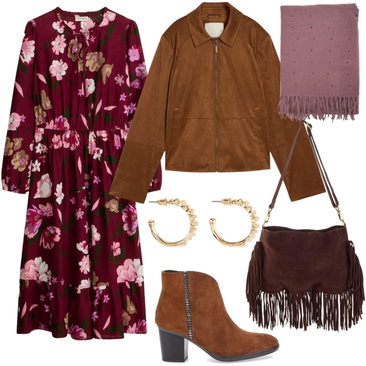 Outfit donna - Boho autunnale. Stile Boho per Tutti i giorni. Abbinamento con sciarpe, vestiti chemisier, stivaletti, blazer, borse a tracolla, orecchini.
