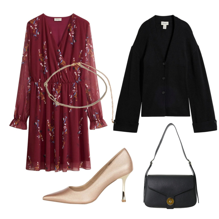 Outfit donna - Tramonto d'Ottobre. Stile Romantica per Serata fuori. Abbinamento con borse a spalla, cinture, décolleté, vestiti, cardigans.