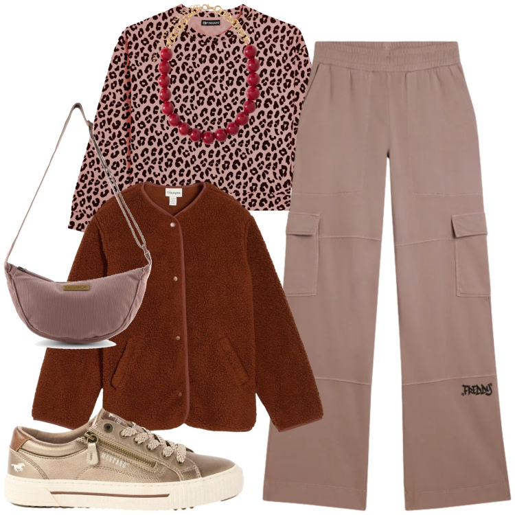 Outfit donna - Casual chic. Stile Casual chic per Tutti i giorni. Abbinamento con collane, felpe, pantaloni cargo, sneakers, blazer, borse a tracolla.