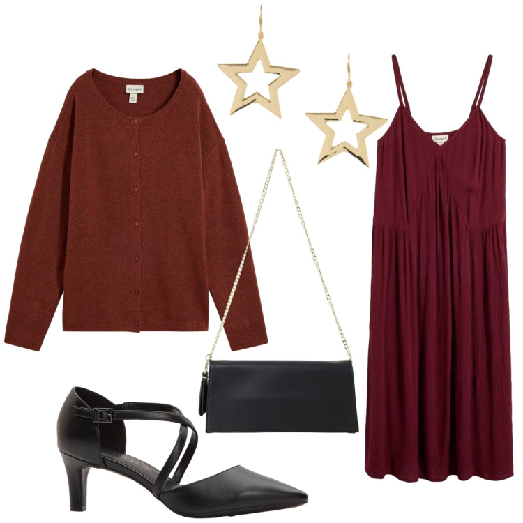 Outfit donna - Cena romantica d'autunno. Stile Chic per Serata fuori. Abbinamento con borse a tracolla, orecchini, décolleté, vestiti midi/longuette, cardigans.