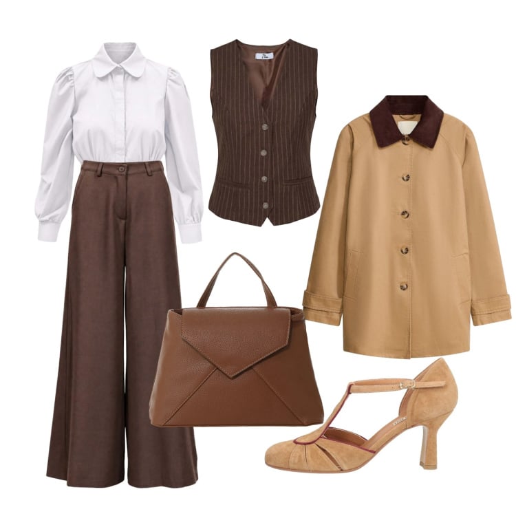 Outfit donna - ️ Ritorno al Passato. Stile Vintage retrò per Serata fuori. Abbinamento con camicie, pantaloni a palazzo, gilet, borse a mano, décolleté, trench.