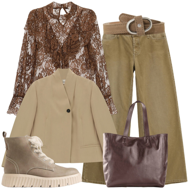 Outfit donna - Casual chic. Stile Casual chic per Tutti i giorni. Abbinamento con pantaloni a palazzo, cinture, blazer, bluse, stivaletti, shopping bag.
