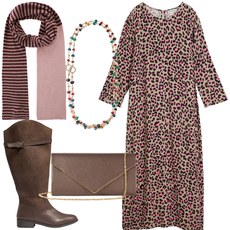 Outfit donna - Curvy. Stile Casual per Tutti i giorni. Abbinamento con collane, clutch, sciarpe, vestiti midi/longuette, stivali.