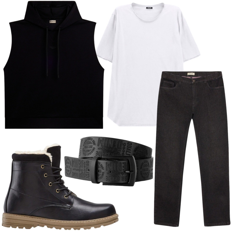 Outfit uomo - Gilet smanicato. Stile Casual per Tutti i giorni. Abbinamento con t-shirt, felpe con cappuccio, cinture, stivali e stivaletti, jeans dritti.