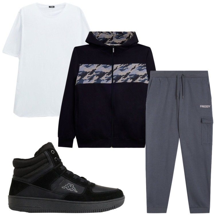 Outfit uomo - Sport time. Stile Trendy per Tutti i giorni. Abbinamento con t-shirt, pantaloni cargo, felpe con cappuccio, sneakers alte.