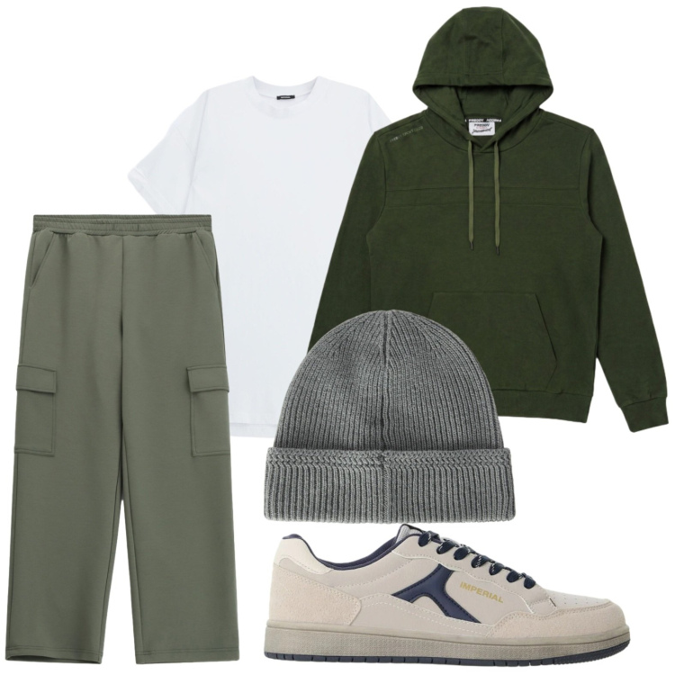 Outfit uomo - Cargo green. Stile Casual per Tutti i giorni. Abbinamento con berretti, t-shirt, sneakers, pantaloni cargo, felpe con cappuccio.