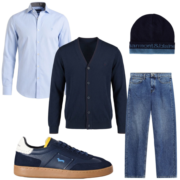 Outfit uomo - Tonalità blu. Stile Casual per Tutti i giorni. Abbinamento con sneakers, berretti, cardigans, camicie, jeans.