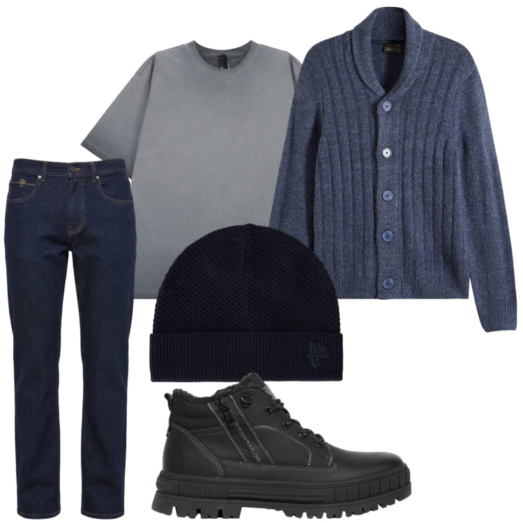 Outfit uomo - Cardigan avvolgente. Stile Casual per Tutti i giorni. Abbinamento con berretti, jeans, t-shirt, cardigans, stivali e stivaletti.