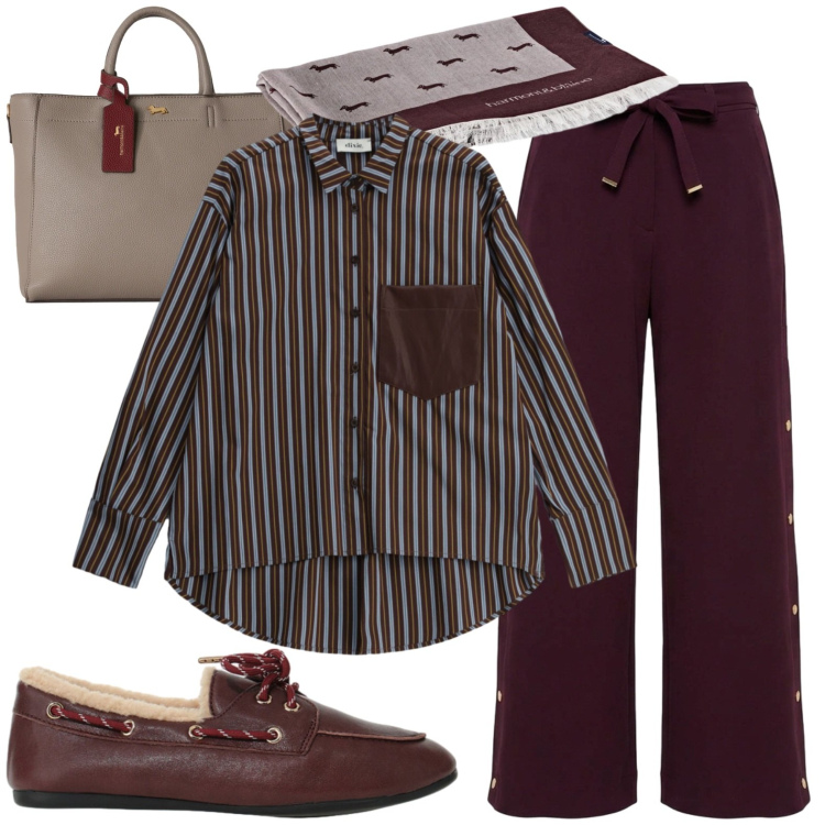 Outfit donna - Urban. Stile Urban per Tutti i giorni. Abbinamento con borse a mano, sciarpe, pantaloni, camicie, scarpe stringate.