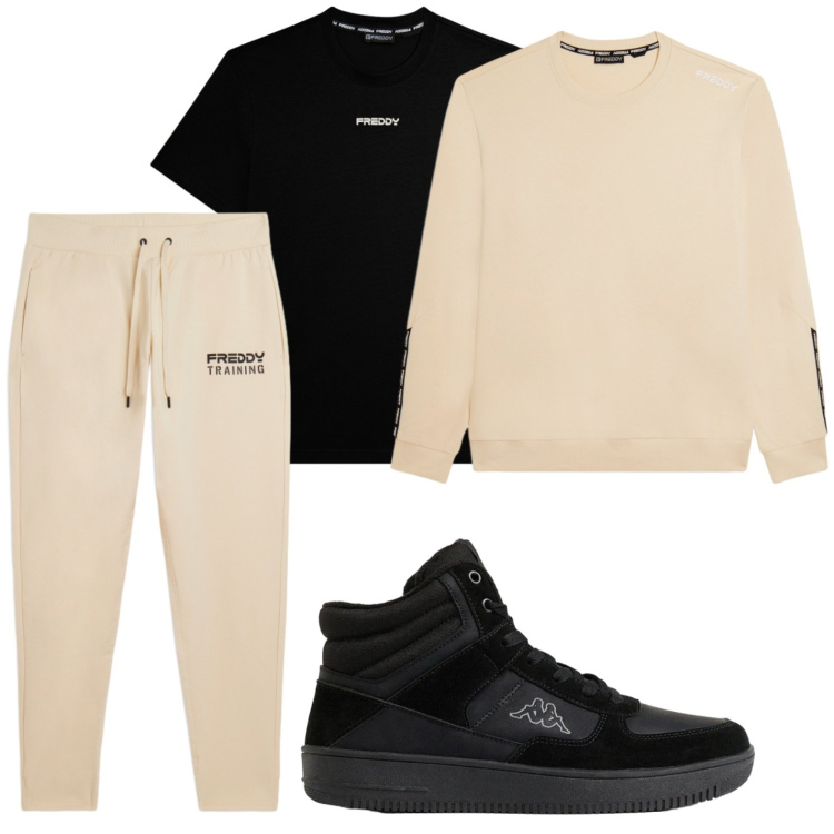 Outfit uomo - Tuta Freddy. Stile Trendy per Sport. Abbinamento con pantaloni, felpe, t-shirt, sneakers alte.