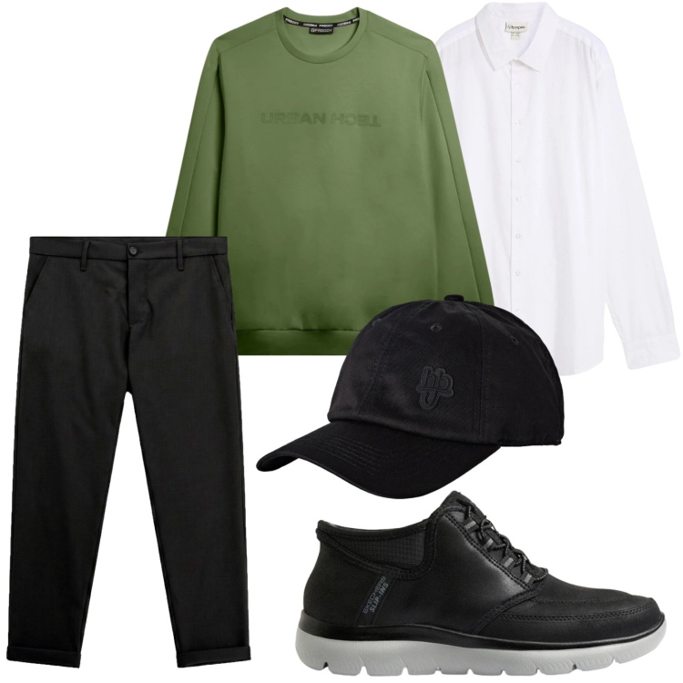Outfit uomo - Sneakers black. Stile Casual per Tutti i giorni. Abbinamento con cappelli con visiera, pantaloni, felpe, camicie, sneakers.