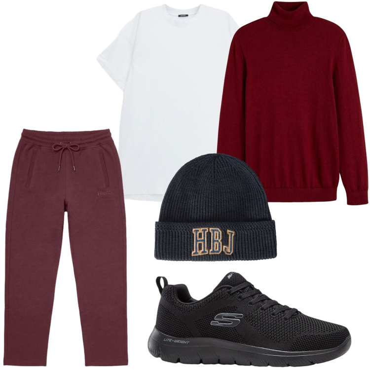 Outfit uomo - Toni wine. Stile Casual per Tutti i giorni. Abbinamento con berretti, t-shirt, pantaloni, sneakers, maglieria.