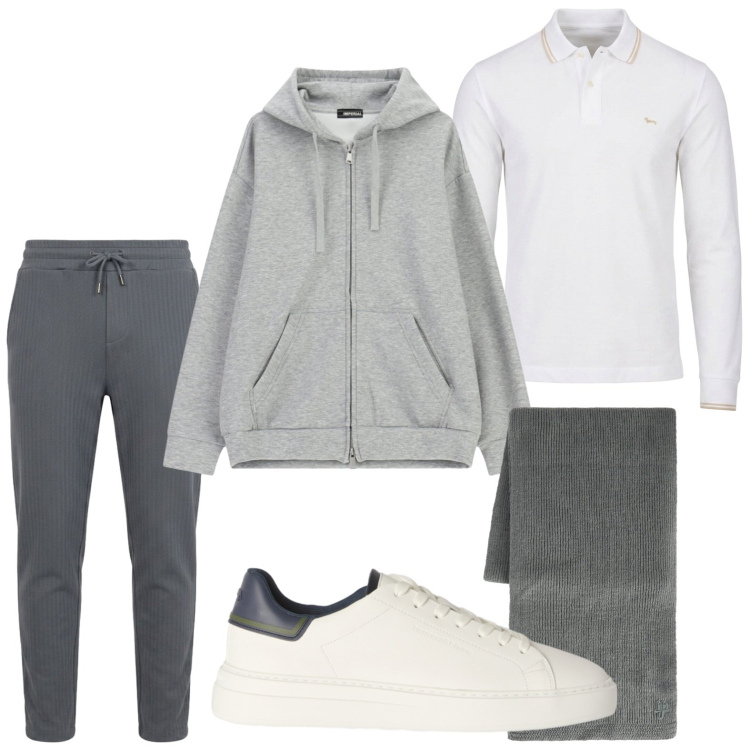 Outfit uomo - Sport minimalista. Stile Casual per Tutti i giorni. Abbinamento con pantaloni, sneakers, polo, sciarpe, felpe con cappuccio.