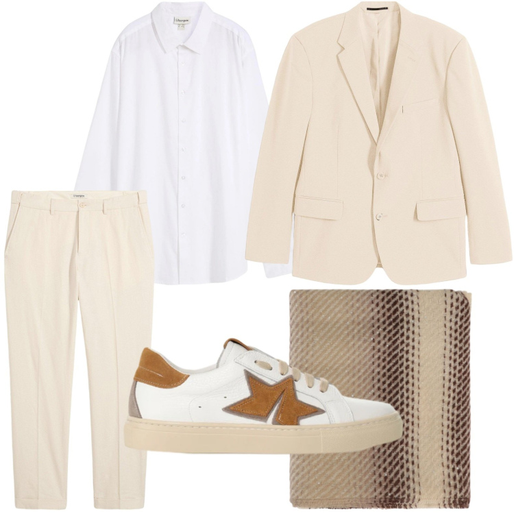 Outfit uomo - Completo chiaro. Stile Trendy per Tutti i giorni. Abbinamento con sneakers, sciarpe, pantaloni, giacche, camicie.