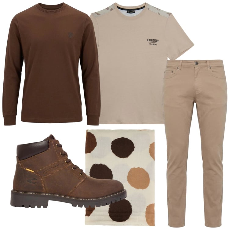 Outfit uomo - Foulard con grandi pois. Stile Casual per Tutti i giorni. Abbinamento con pantaloni, t-shirt, sciarpe e foulard, t-shirt, stivali e stivaletti.