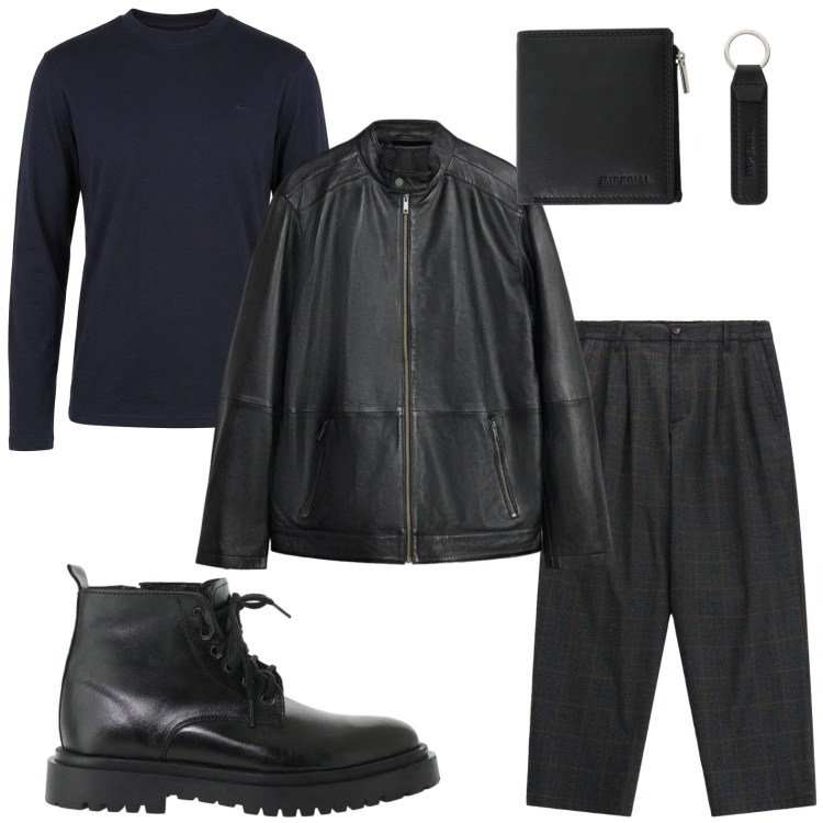 Outfit uomo - Total black. Stile Casual per Tutti i giorni. Abbinamento con t-shirt, pantaloni, anfibi, portafogli, giacche.