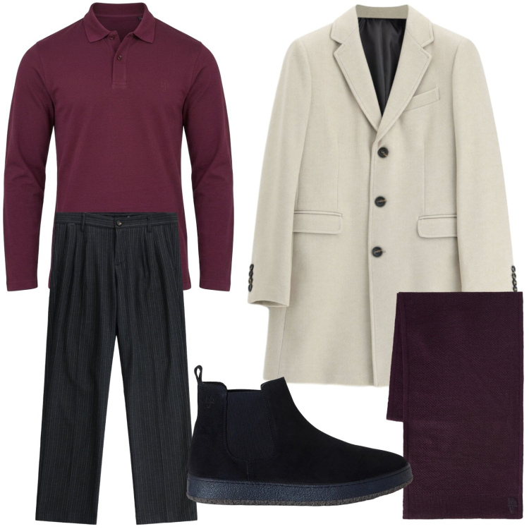 Outfit uomo - Cappotto versatile. Stile Casual per Tutti i giorni. Abbinamento con stivali e stivaletti, sciarpe, polo, cappotti, pantaloni.