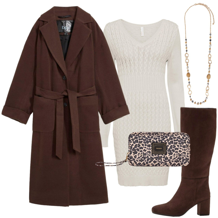 Outfit donna - Vestito in lana. Stile Glamour per Tutti i giorni. Abbinamento con collane, valigie, stivali, cappotti, vestiti.