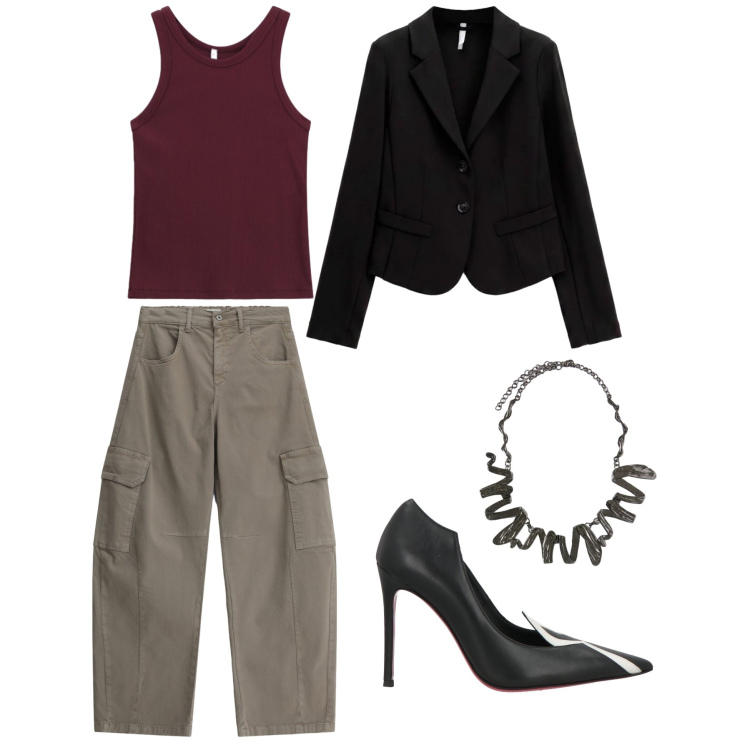 Outfit donna - Cargo+canotta. Abbinamento con canottiere, blazer, ciondoli, pantaloni cargo, décolleté.