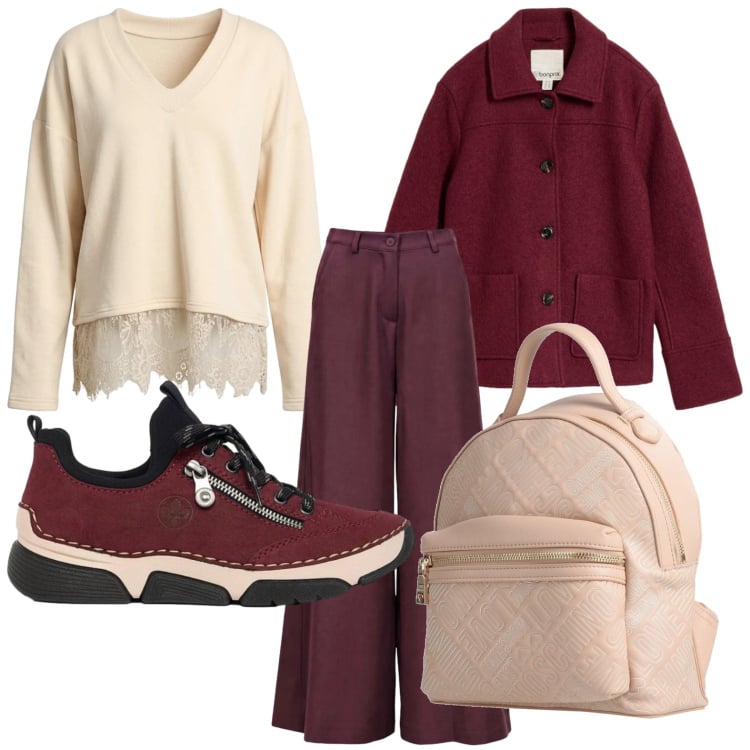 Outfit donna - Bomber di lana cotta. Stile Casual per Scuola/Università. Abbinamento con pantaloni a palazzo, felpe, zaini, cappotti, sneakers.