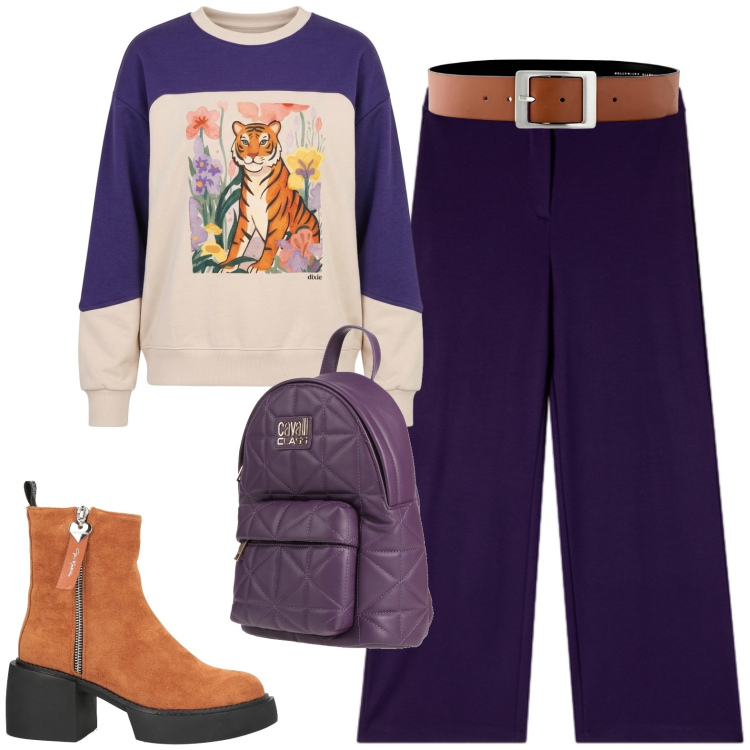 Outfit donna - Viola. Stile Casual per Tutti i giorni. Abbinamento con pantaloni a palazzo, felpe, zaini, stivaletti, cinture.