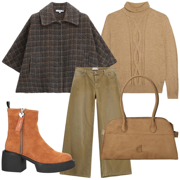Outfit donna - Look comodo. Stile Casual per Tutti i giorni. Abbinamento con maglieria, pantaloni a palazzo, cappotti, borse a spalla, stivaletti.