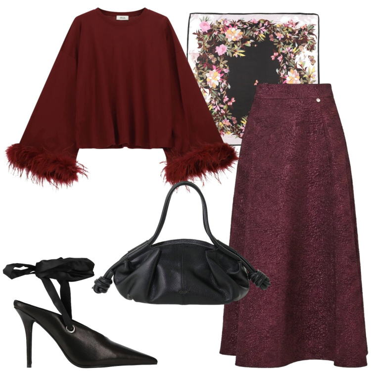 Outfit donna - Serata. Stile Chic per Serata fuori. Abbinamento con gonne longuette, borse a mano, top, décolleté, sciarpe.