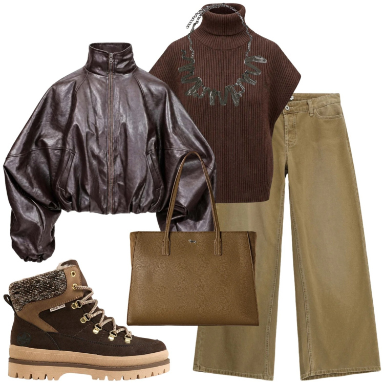 Outfit donna - Casual. Stile Casual per Tutti i giorni. Abbinamento con bomber, maglieria, shopping bag, ciondoli, pantaloni a palazzo, stivaletti.