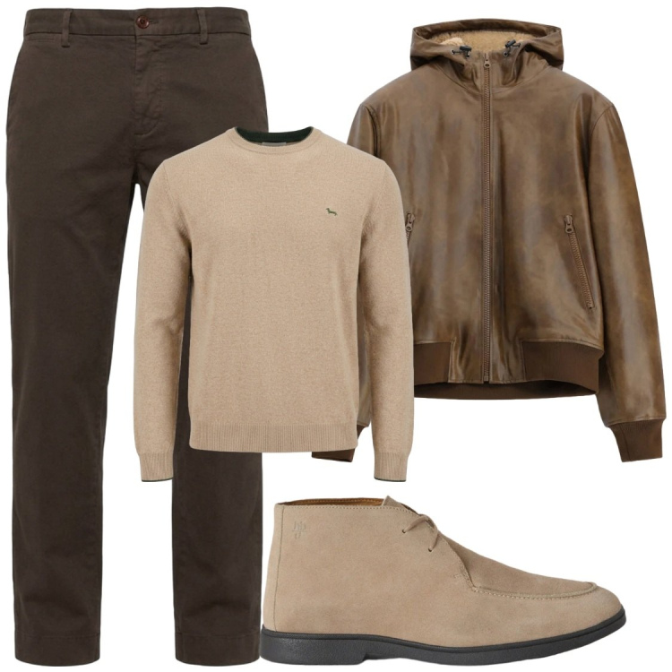 Outfit uomo - Autunno cream. Stile Trendy per Tutti i giorni. Abbinamento con maglieria, stivali e stivaletti, pantaloni, bomber.